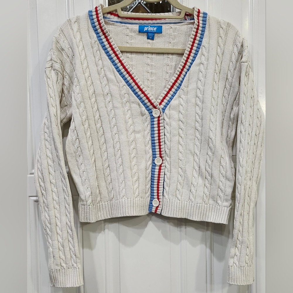 Prince White Thick Cable Knit Cropped Cardigan Women's Size Medium